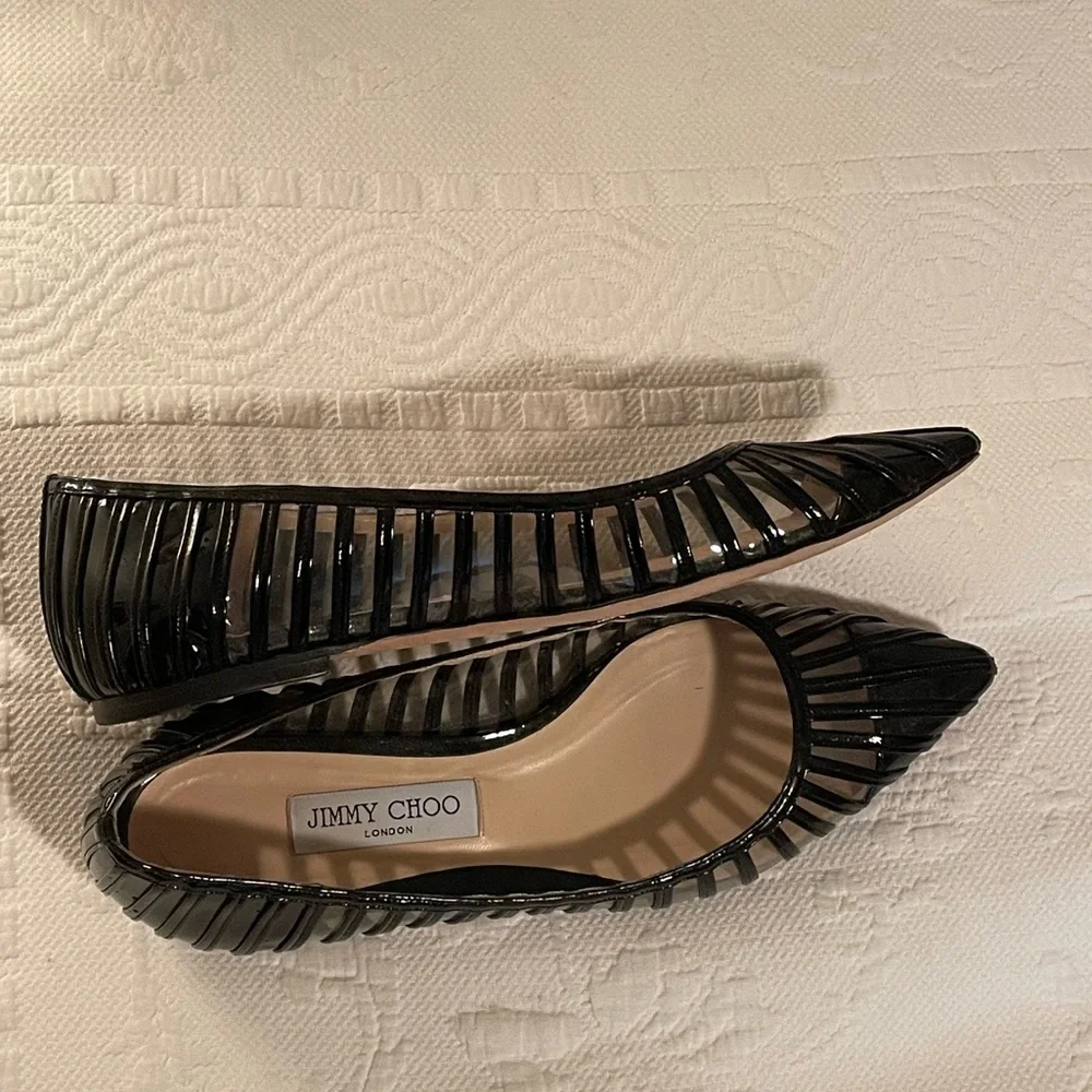 Jimmy Choo Black Patent Caged Pointed Toe Flats
